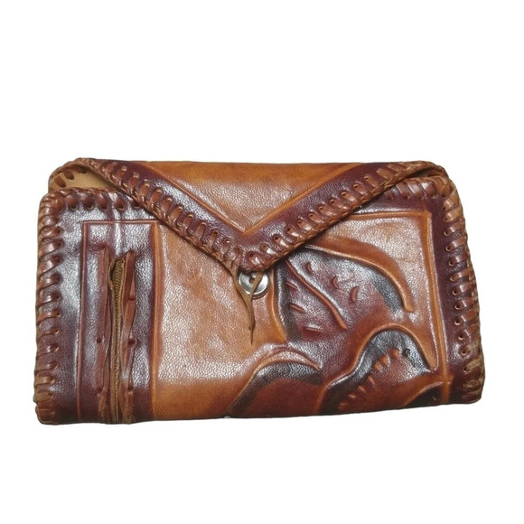 Handmade Tooled Embossed Leather Wallet 4  Compartments Brown Tan - Picture 1 of 5
